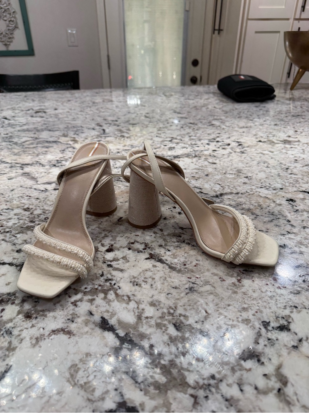 Sam Edelman Cream Beaded Block Heel Sandals